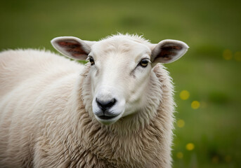 Close up portrait of a sheep in a field with green background
