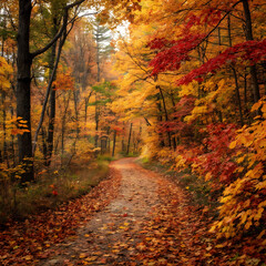 Obraz premium An autumn forest trail covered in fallen leaves, radiating warmth, tranquility