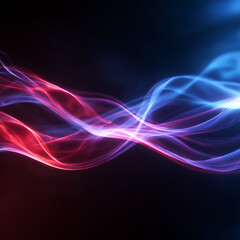 Obraz premium An abstract composition of gracefully flowing light lines in vibrant red and cool blue, intertwining on a dark background, representing digital energy and data. 