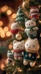 Cozy knit cat ornaments adorning a festive christmas tree