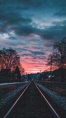 Fototapeta premium A tranquil railway track stretches into a dramatic sunset, framed by silhouetted trees and a quiet town.