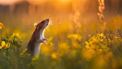 Rat standing in a field of yellow flowers enjoying the warm golden sunset light