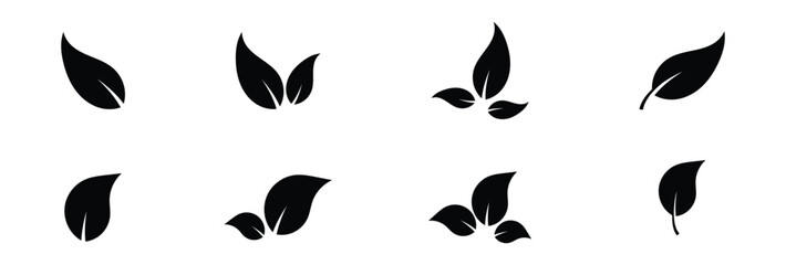 Black dark isolated leaf icon set on white page.  Vector isolated leaf icons on white background.  Nature black leaf icon set on white page. EPS 10. 