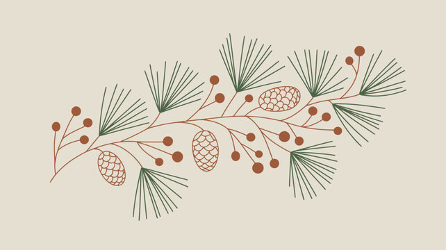 A simple illustration of a pine branch with cones and berries on a light beige background design art deco