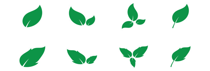 Green isolated leaf icon set on white page.  Vector isolated leaf icons on white background.  Nature leaf icon set on white page. EPS 10.  Green leaf icons set on white page. Vector icon set. 