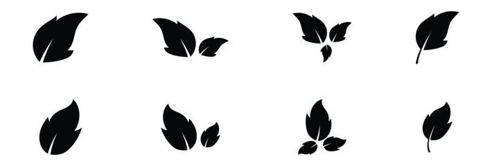 Black dark isolated leaf icon set on white page.  Vector isolated leaf icons on white background.  Nature black leaf icon set on white page. EPS 10. 