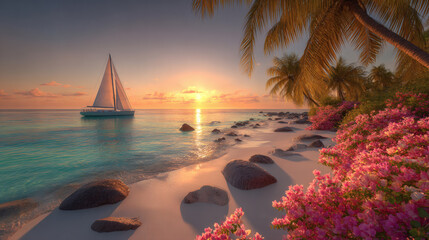 Stunning tropical beach sunset with sailboat creates a dreamy vacation escape