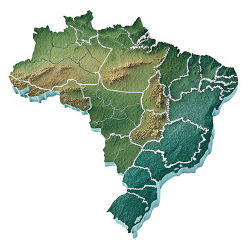 Detailed topographic map of brazil showing states and terrain features isolated on transparent background