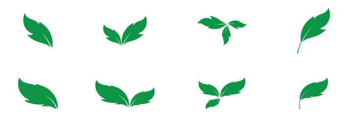 Green isolated leaf icon set on white page.  Vector isolated leaf icons on white background.  Nature leaf icon set on white page. EPS 10.  Green leaf icons set on white page. EPS 10. 