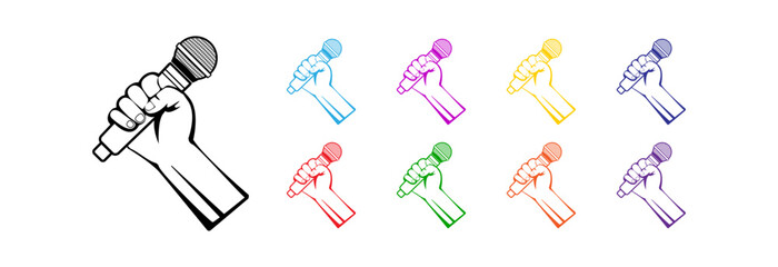 Hand holding microphone as a symbol of freedom of speech. Icon set.