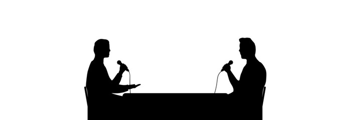 Two people sitting at the table and discussing, business meeting, interview or discussion. Silhouette of people.