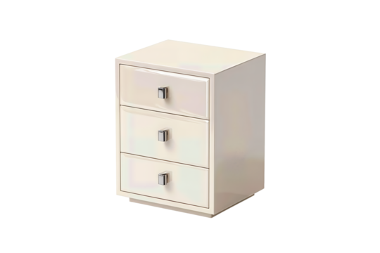 Mini dresser with three drawers in satin beige lacquer and nickel pulls, isolated on transparent background.