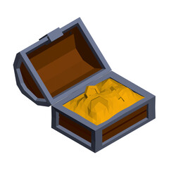 Polygonal wooden chest overflowing with gleaming gold coins, featuring a low poly art style and an open lid revealing the treasure inside.