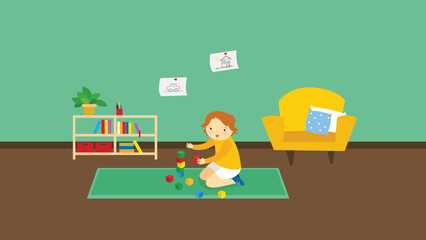 Illustration of a boy playing with toys in the living room.