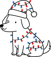 Cute Christmas dog illustration wearing Santa hat and decorated with red blue holiday lights cartoon vector design for festive celebration artwork