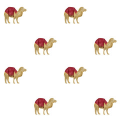 Camel with red saddle blanket watercolor seamless pattern isolated on white. Hand painted art perfect for textile, wrapping paper, logotype, decoration for celebration of true Christmas. Cute clip art