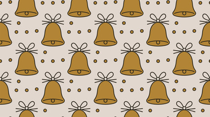 A repeating pattern of golden bells with bows and dots on a light beige colored background design art