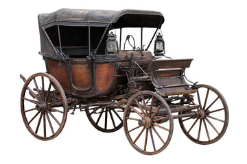 Fototapeta premium Vintage horse carriage with two wheels, walnut wood, and brass lanterns, isolated on transparent background. 