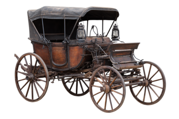 Vintage horse carriage with two wheels, walnut wood, and brass lanterns, isolated on transparent background.
