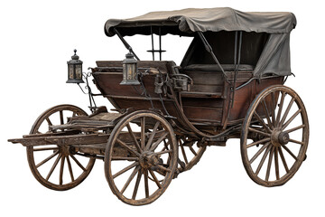 Fototapeta premium Vintage horse carriage with two wheels, walnut wood, and brass lanterns, isolated on transparent background. 