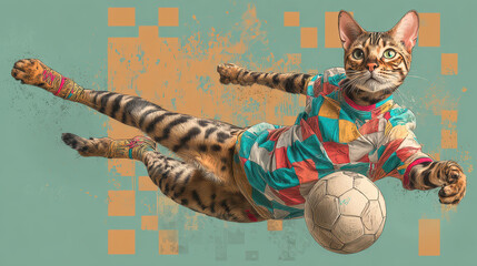 Feline Football Frenzy: A Bengal cat, dynamically posed, exhibits a spectacular dive, expertly directing the soccer ball toward the net with its skilled paws. The image pulsates with energy.