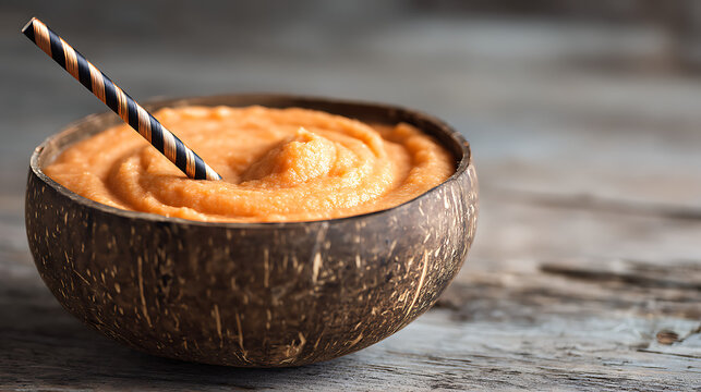 A vibrant, creamy mango or orange smoothie served in a natural coconut shell bowl, complete with a striped straw, resting on a rustic wooden surface.
