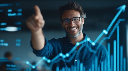 Smiling professional pointing in modern office with graph overlay, symbolizing success, innovation, and digital transformation.