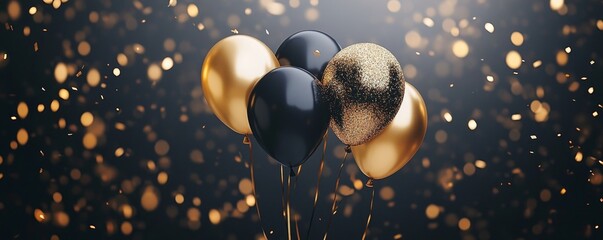 Black and golden balloons and confetti on dark background. Birthday, holiday or party background. Banner with empty space for text. Festive greeting card. Created with, Generative AI