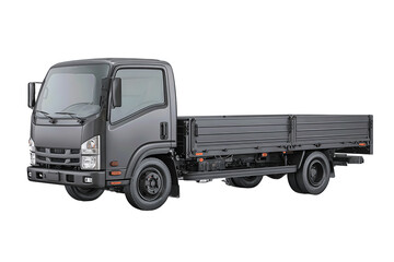 Obraz premium Lightweight flatbed truck in matte charcoal with ribbed bed and tie-down points, isolated on transparent background. 