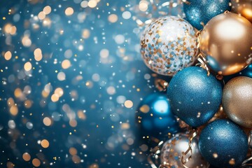 Holiday background with golden and blue metallic balloons, confetti and ribbons. Festive card for birthday party, anniversary, new year, christmas or other events. Created with, Generative AI