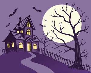 Halloween holiday colorfull poster design showing a spooky haunted house with glowing windows, flying bats, bare trees, full moon, and a crooked fence