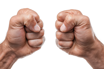 Two clenched fists side-by-side at chest height with natural skin texture, isolated on transparent background.
