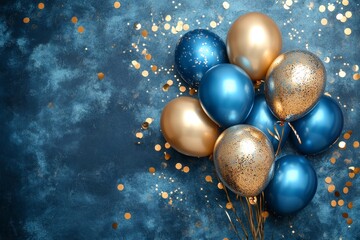 Holiday background with golden and blue metallic balloons, confetti and ribbons. Festive card for birthday party, anniversary, new year, christmas or other events. Created with, Generative AI