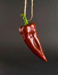 Red bell pepper hanging from string