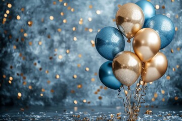 Holiday background with golden and blue metallic balloons, confetti and ribbons. Festive card for birthday party, anniversary, new year, christmas or other events. Created with, Generative AI