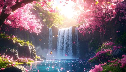 A vibrant scene, a waterfall cascades into a serene blue pool. Cherry blossom trees surround it, bathed in sunlight. Butterflies flutter