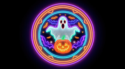Halloween Neon Illustration: Spooky neon illustrations, with a ghost and jack-o'-lantern, framed by a vibrant neon border, that set a festive and eerie ambiance.