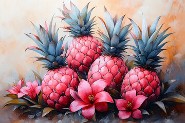Painting of Colorful Pineapple with Fruits, Realistic Illustration, Textured Detail