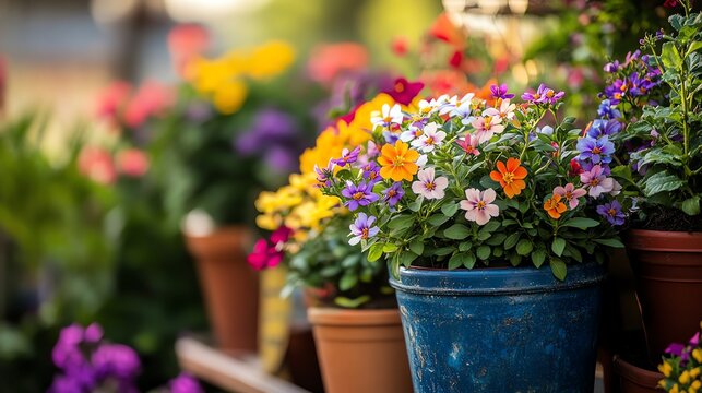 Vibrant potted flowers in bloom, showcasing a colorful garden arrangement with various types of blossoms on a sunny day.