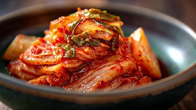 Kimchi's Colorful Bowl: A culinary delight, this vibrant kimchi, a staple fermented vegetable dish, is artfully presented in a rustic bowl, celebrating a flavorful tradition.