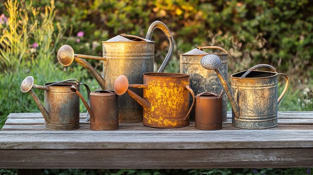 Vintage metal watering cans on a wooden bench, bathed in warm sunset light, evoke a rustic gardening charm.