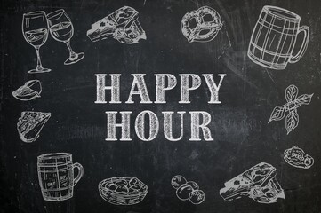 Chalk menu with happy hour and food illustrations on black background  