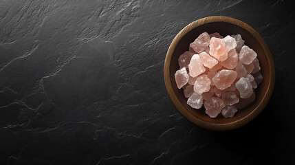 Macro Close-up Himalayan pink salt crystals in a wooden bowl presented on a dark slate background perfect for culinary or wellness concepts isolated on black background
