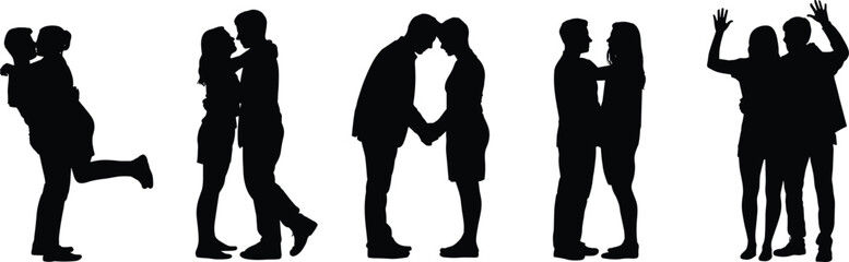 Romantic couple silhouette, love pose, affectionate interaction, emotional connection, kissing figures, relationship moment, flat vector illustration, black white design