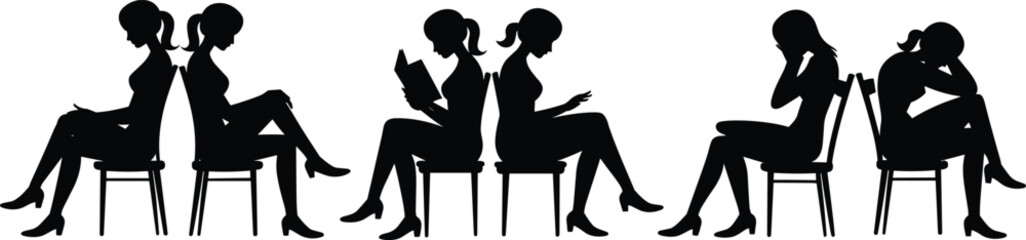 Seated women, emotional posture, back-to-back silhouette, reading gesture, mobile use, sadness expression, chair pose, flat vector illustration