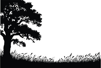 Silhouette tree in wild grass landscape, black and white nature scene, minimal forest art, flat vector illustration, isolated background