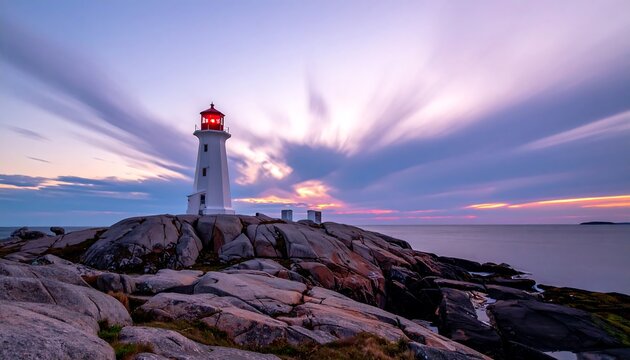 Lighthouse at sunset over rocky coast