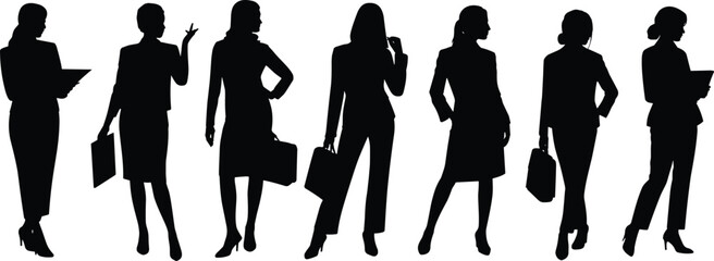 Businesswoman silhouette, professional pose, confident stance, corporate attire, career gesture, office fashion, leadership posture, flat vector illustration