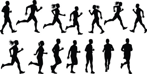 Silhouette illustration of men and women running in different poses, athletic jogging figures, fitness activity vector design elements isolated