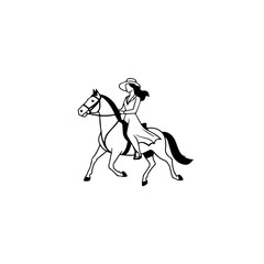 Black and white line art of a beautiful woman with perfect body riding horse elegant minimalist illustration